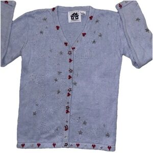 VTG XS Storybook Knits Red White & Blue Patriot Heart Sequin Cardigan‎ Sweater